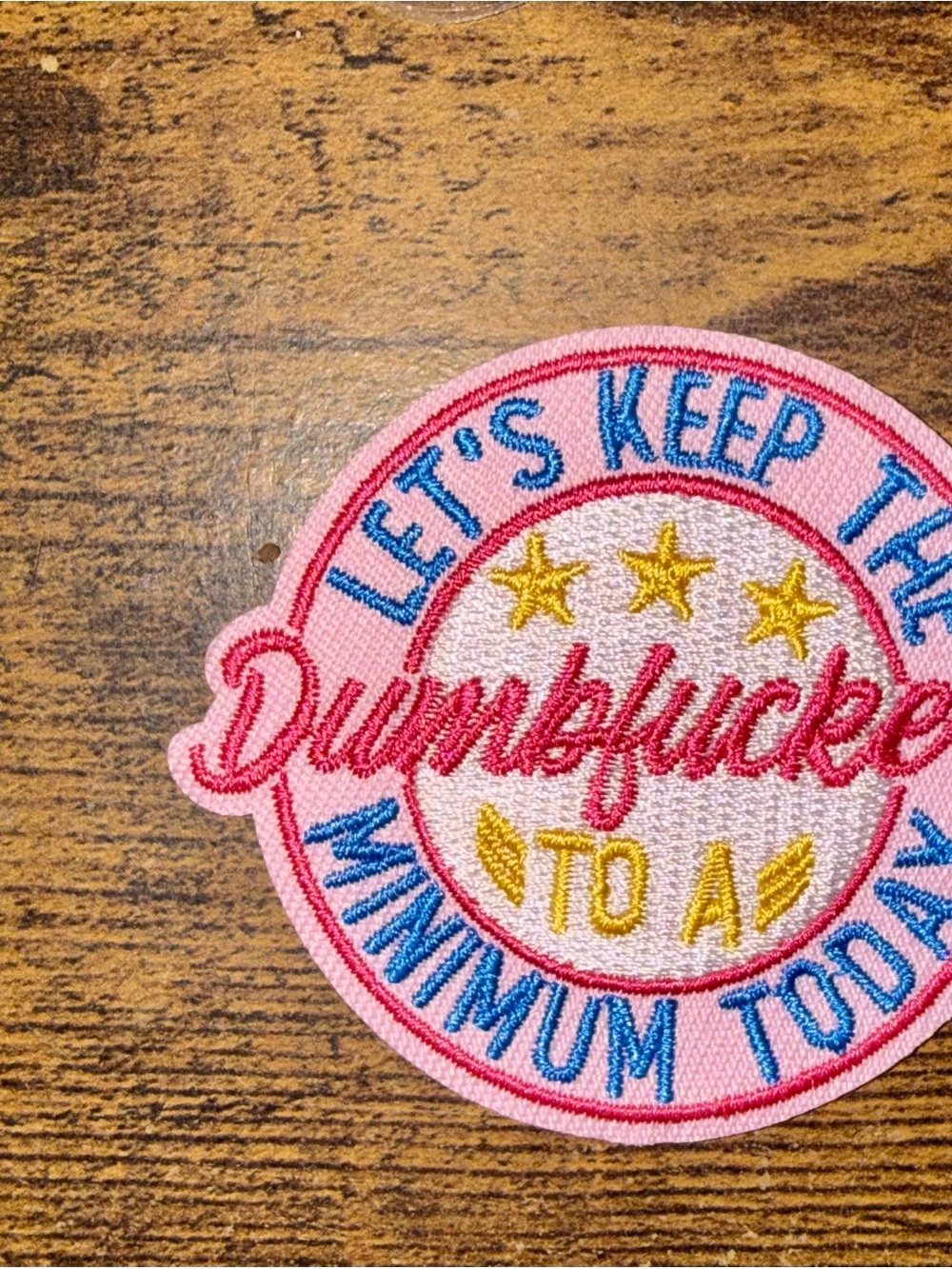 Unbranded Pink 'Let’s Keep The Dumbfuckery To A Minimum Today' Embroidered Patch